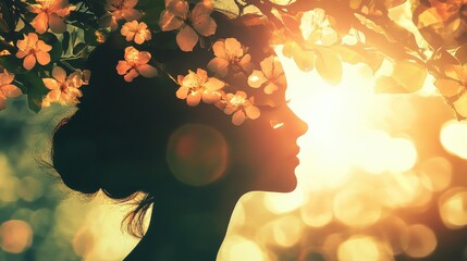 Poster - Serene portrait of a woman illuminated by sunset light and surrounded by blooming flowers in a tranquil garden setting