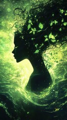 Aufkleber - Portrait of a serene woman emanating a gentle glow surrounded by lush green leaves in an ethereal environment