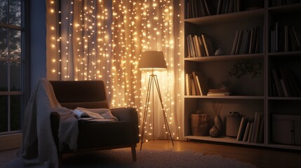 Aufkleber - Cozy reading area with adjustable floor lamp and twinkling string lights in a warm atmosphere