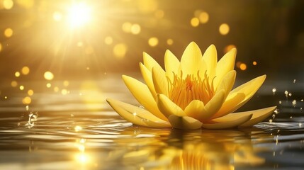 Poster - Yellow lotus flower blooming on serene water surface with sunlight reflections and bokeh creating a tranquil and beautiful natural scene.