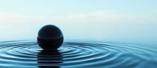 Poster - black sphere levitating on tranquil water surface with gentle blue ripples and ample space for promo