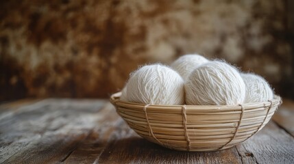 Poster - Wool balls displayed in a bamboo dish on a rustic wooden table showcasing a cozy and warm atmosphere for textile crafts and home decor.