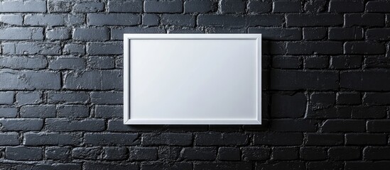 Poster - Banner mockup featuring a white frame on a textured black brick wall offering ample empty space for text or graphics.