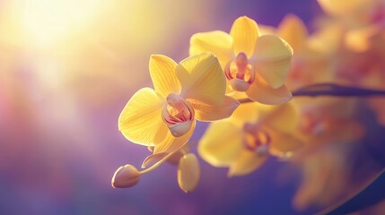 Poster - Elegant closeup of vibrant yellow orchid flowers illuminated by soft sunlight creating a serene and warm atmosphere in a floral setting.