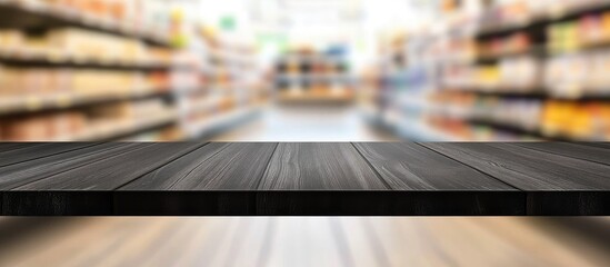 Poster - Black wooden table in front of blurred retail store shelves ideal for product display and text overlay space for marketing purposes