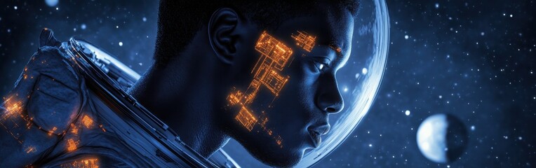 Poster - Mystical profile of a man in an astronaut suit illuminated by cosmic visuals and starry background