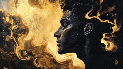 Aufkleber - Mystical portrait of a man's profile filled with swirling colors and textures in a dreamlike golden landscape at dusk