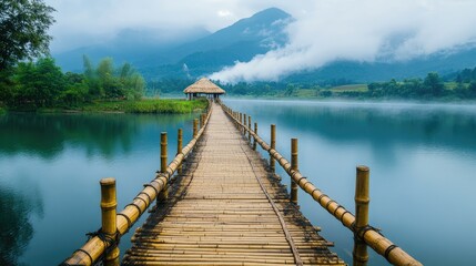 Fototapete - Bamboo bridge extending over serene lake waters inviting tourists to relax and enjoy picturesque natural scenery in tranquil landscape