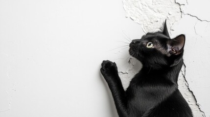 Poster - Black cat scratching cracked wall space for posters and advertisements with ample copyspace for text placement and promotional content
