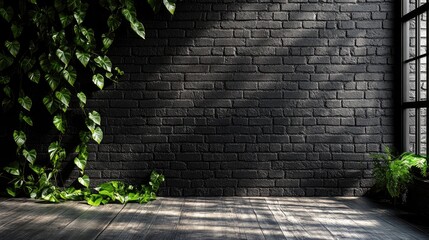 Poster - Ivy-Covered Black Brick Wall with Natural Light and Wooden Floor Interior Design Concept