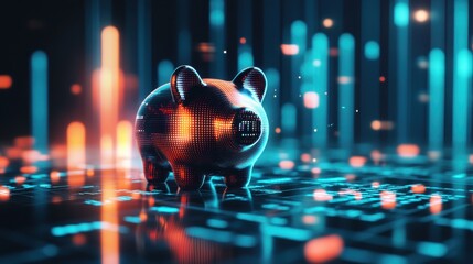 Poster - Minimalist piggy bank design illuminated by digital light in a futuristic setting conveying financial savings