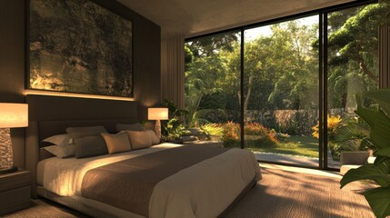 Poster - Modern bedroom featuring neutral tones and lush garden views at dawn