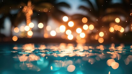 Poster - Bokeh light reflections on a tranquil pool surface with palm trees creating a dreamy tropical atmosphere at sunset.
