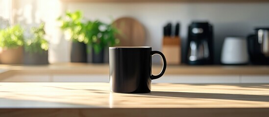 Poster - Black Coffee Cup Mockup on Kitchen Countertop with Natural Light and Empty Space for Text Elements