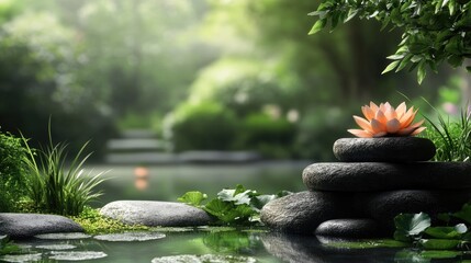 Poster - serene zen garden featuring a lotus flower on stones by a tranquil pond surrounded by lush greenery 
