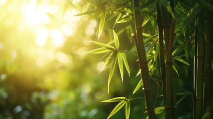 Poster - Serene bamboo plant illuminated by soft sunlight in a lush green setting for a tranquil nature concept
