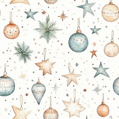 Aufkleber - Whimsical watercolor doodle with Christmas ornaments and stars in soft pastel tones