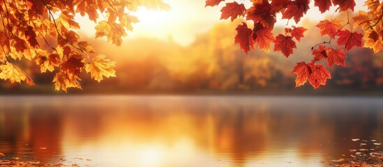 Poster - autumn tranquility gorgeous sunset over serene lake with reflective golden foliage and space for tex