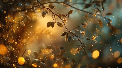 Poster - Festive bokeh lights and sparkling glitter on tree branches creating a magical and warm atmosphere in a dreamy background setting