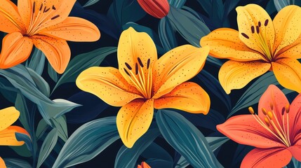 Poster - Vibrant seamless pattern of melodic lilies in assorted colors against a dark backdrop showcasing intricate floral details and lush foliage