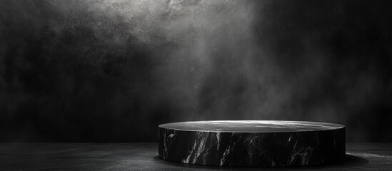 Poster - Elegant black stone display pedestal with dramatic lighting ideal for product showcases and animated backgrounds featuring empty text space.