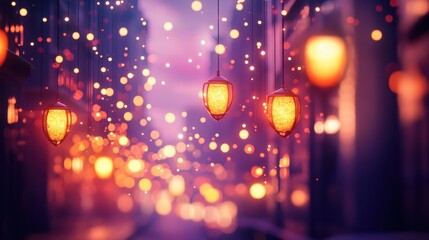 Poster - Dreamy cityscape at twilight with warm orange bokeh lights illuminating the streets