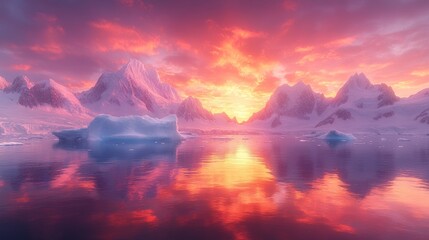 Wall Mural - A breathtaking arctic sunrise, with vibrant pink and orange hues reflecting on a calm icy sea, nestled amongst snow-capped mountains.