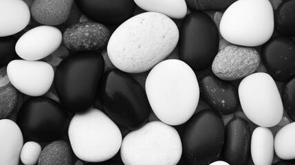 Poster - Elegant composition of black and white pebbles creating a serene and harmonious natural pattern suitable for background or design use.