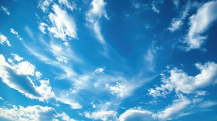 Poster - Serene blue sky with soft white clouds ideal for backgrounds and design projects showcasing tranquility and natural beauty.
