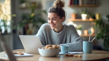 Poster - Cozy modern interior featuring a woman working on her laptop with coffee and cookies in a bright and plant-filled space