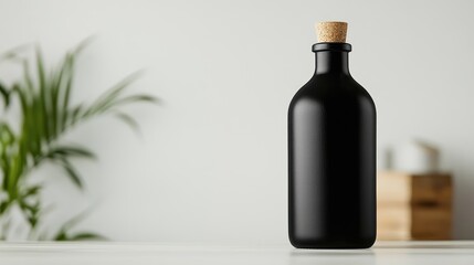 Poster - Elegant Black Bottle with Cork Stopper on Minimalist White Background with Space for Text and Soft Greenery in the Background