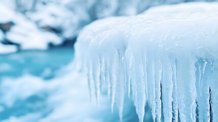 Poster - Frozen Cascade, an intricate close-up revealing the delicate crystalline structures and shimmering textures of a stunning frozen waterfall.