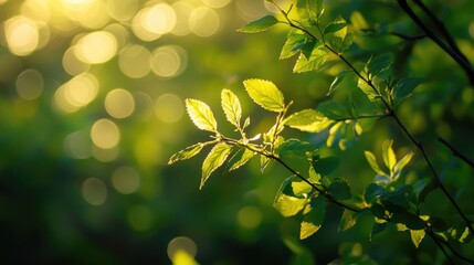 Poster - Backlit leaves with soft bokeh effect in a natural setting showcasing vibrant greens and warm sunlight for serene nature backgrounds.