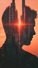 Aufkleber - Conceptual visualization of a man's silhouette blending with skyscrapers at sunset