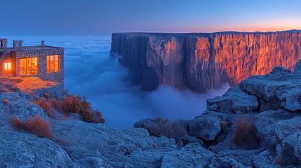 Poster - A secluded mountaintop lodge illuminated at dusk, perched above a sea of clouds, with a dramatic cliff face in the background.