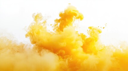 Poster - Vibrant yellow smoke billowing against a clean white background creating a dynamic and artistic visual composition.