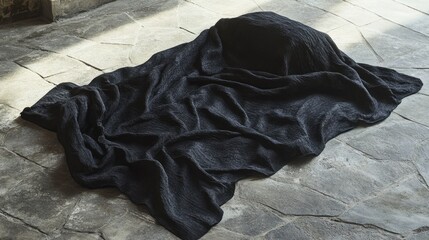Poster - Black textured blanket draped on stone floor creating an abstract and minimalist aesthetic with shadows and light interplay