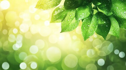 Poster - Bokeh effect of fresh green leaves with sunlight droplets creating a vibrant natural background for relaxation or nature themes