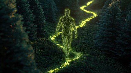 Poster - Man glowing with light walking through a forest path illuminated by bioluminescent flora at twilight