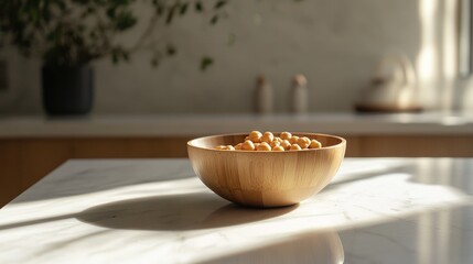 Poster - Bamboo bowl filled with chickpeas elegantly placed on a marble table in a modern kitchen setting with natural light and greenery.