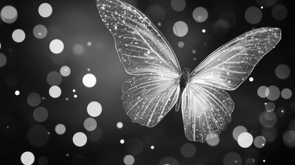 Poster - Bokeh effect with shimmering butterfly against a blurred black and white background creating a magical and ethereal atmosphere