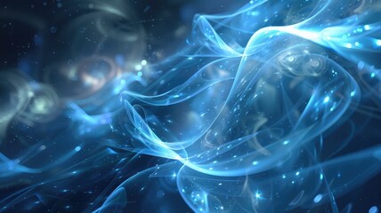 Poster - A smooth of abstract representation of blue light waves and particles against on dark background in flowing lines creating movement and fluidity offering calming visual effect modern ethereal. AIG53.