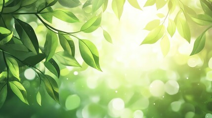 Poster - Lush green leaves with soft sunlight creating a dreamy bokeh effect for a serene natural background or design element.