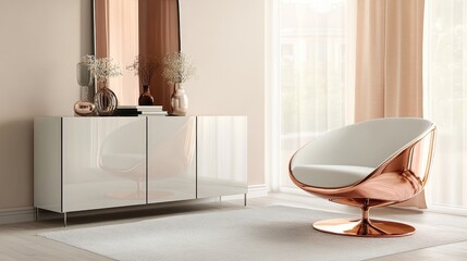 Poster - Scandinavian modern living room with white chair and copper accents showcasing elegant interior design and contemporary decor elements