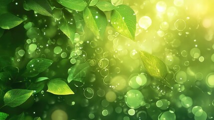 Poster - Vibrant bokeh effect with lush green leaves and sunlight creating a serene nature background for relaxation and tranquility themes