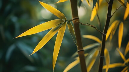 Poster - Golden bamboo leaves in serene winter garden setting with blurred green background representing tranquility and natural beauty.