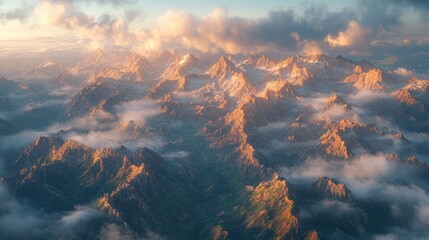 Poster - Aerial view of majestic mountain range at sunset.