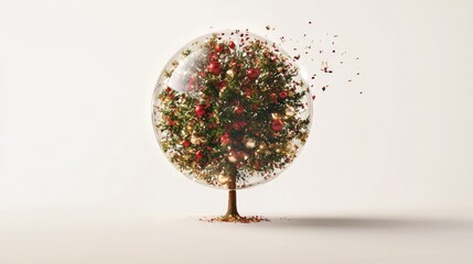 Poster - Festive Christmas Tree Inside a Glass Dome with Decorative Ornaments and Holiday Sparkles Over a Clean White Background