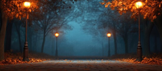 Poster - autumn night street illuminated by glowing lamps with misty atmosphere and empty space for text or m