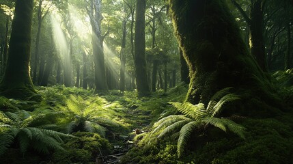 Poster - Gentle morning light filters through lush moss-covered trees and vibrant ferns in a tranquil forest setting